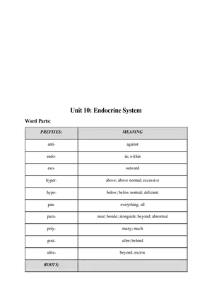 Medical Terminology Unit 10 Endocrine System