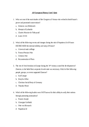 AP European History Unit 7 Quiz