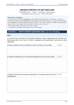 Inborn Errors of Metabolism Practice Exam with Answers