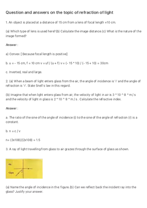 Question and Answers on the Topic of Refraction of Light