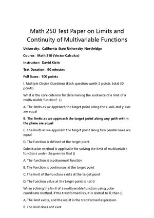 Math 250 Test Paper on Limits and Continuity of Multivariable Functions